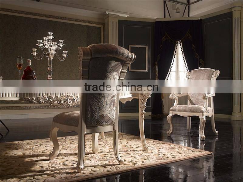 A Very Fine Carved Rectangular Dinner Party Dining Table Set, White Delicate Painting Silver Foil Dining Table Set