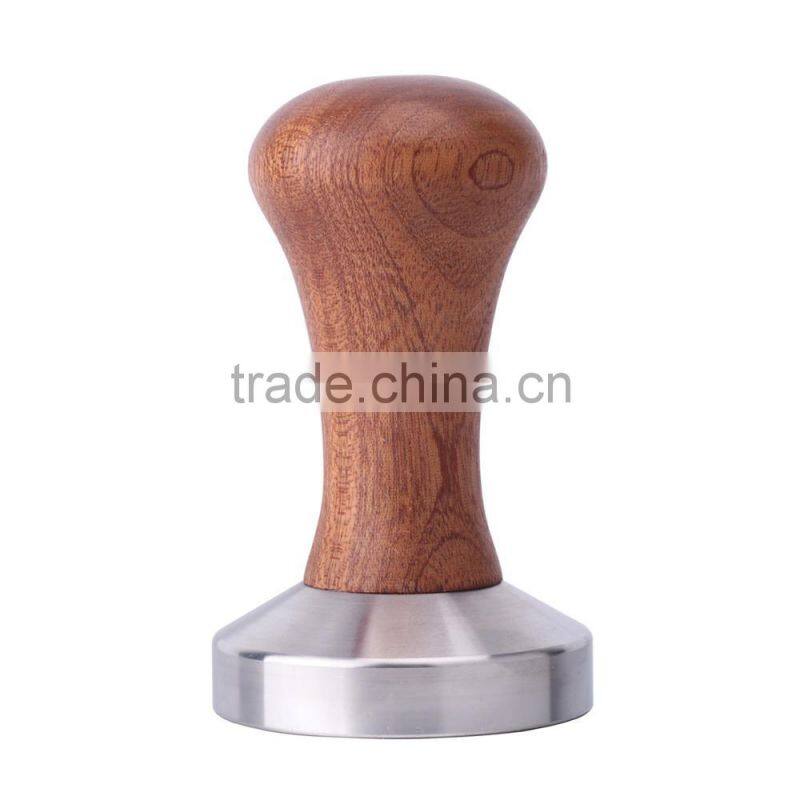 304 Stainless Steel Calibrated Pressure Tamper For Coffee And Espresso With Wooden Handle Brown