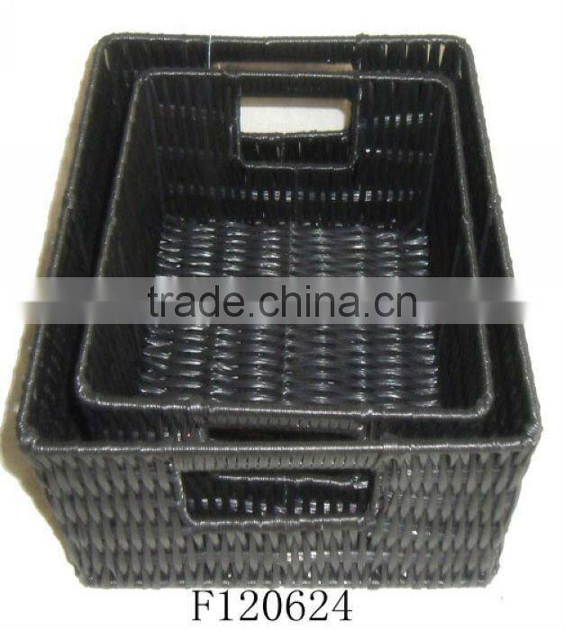 Set of Three Black Square Plastic Storage Basket With Common Handle