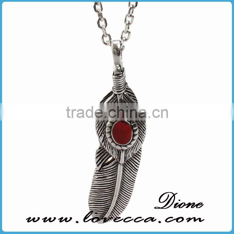 Newest design high quality titanium steel antique silver feather pendant for men necklace