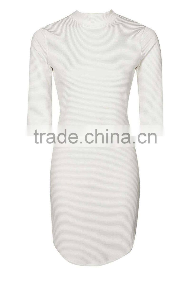 Latest fashion custom 3/4 sleeve rounded hem rib ladies simple casual white dress