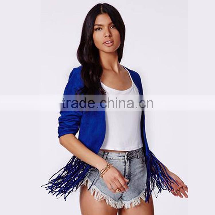 HAODUOYI Autumn Women Synthetic Suede Short Style Blazer Tassel Jacket