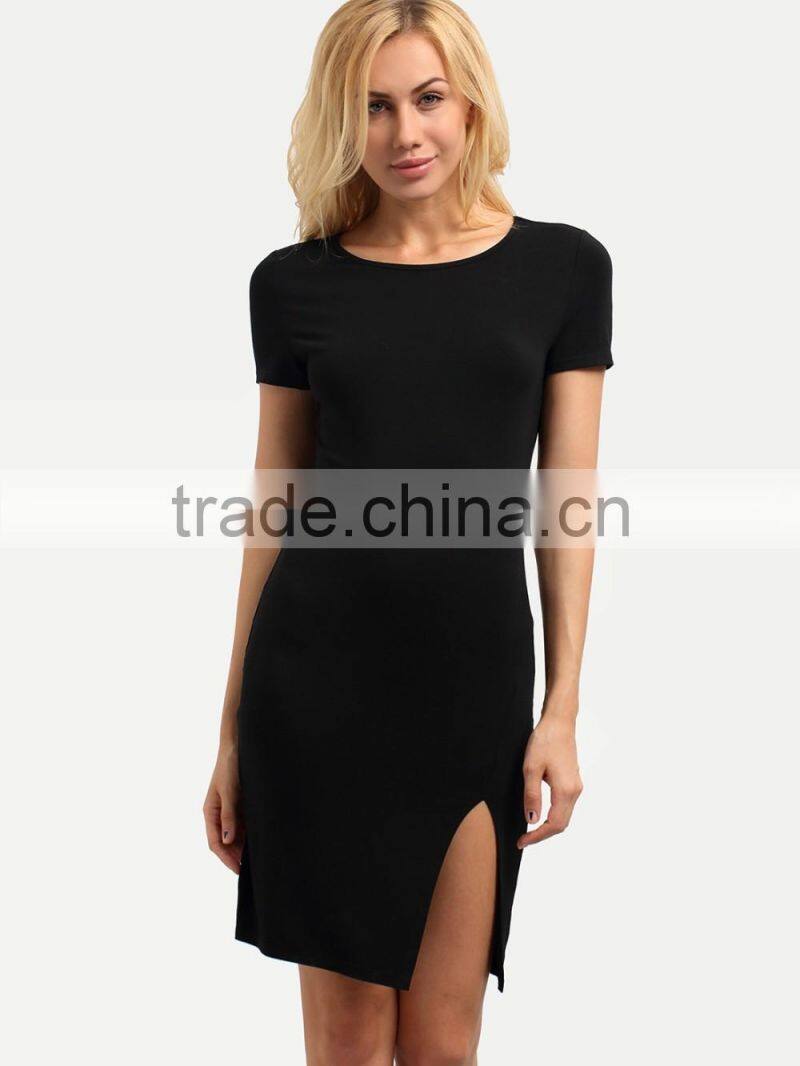 Rayon Black Short Sleeve Split Side Sheath Dress Polyester Spandex Plain Casual Short Dress