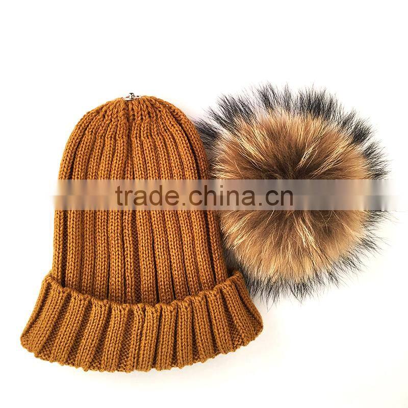 Myfur Detachable Natural Raccoon Fur Pompom Knit Hat Wholesale Winter Cap
