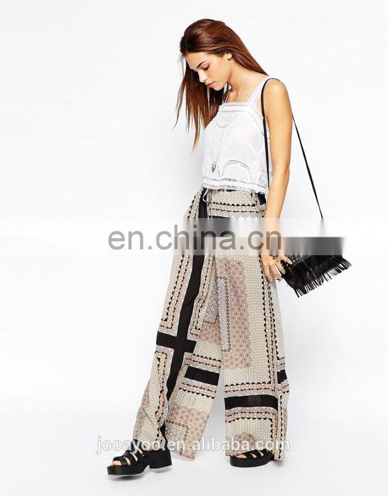 Women Fashion Trousers Ladies Border Print Casual Loose Wide Leg Pants
