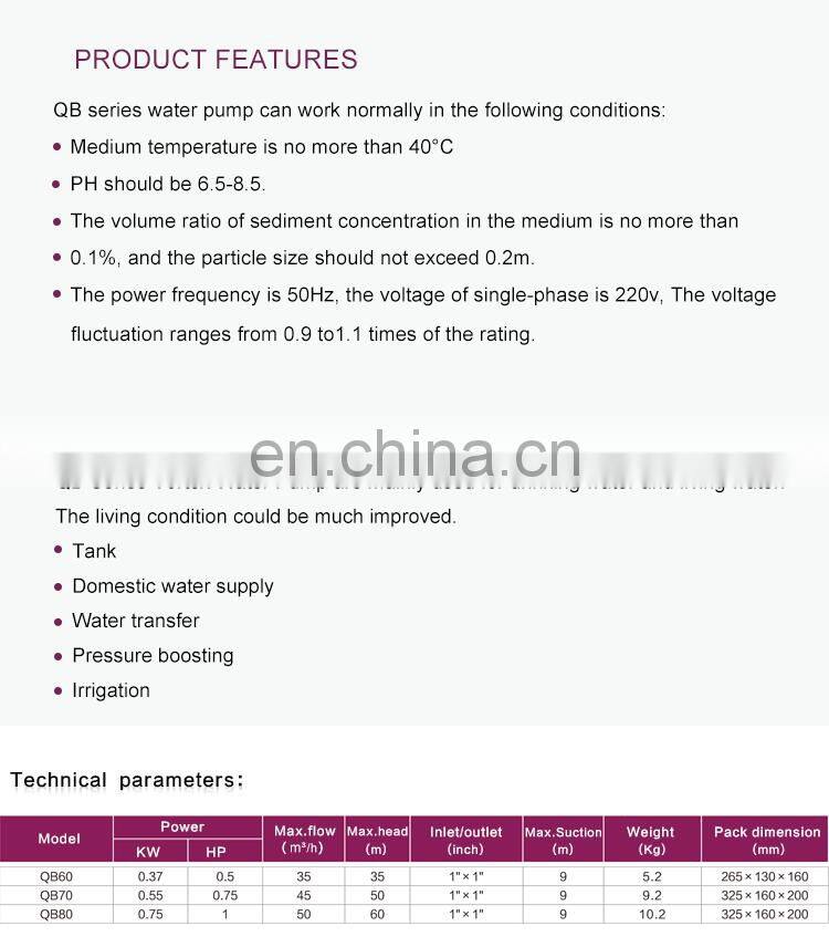 Home use electric 0.5 hp motor water lifting service pump for high rise building