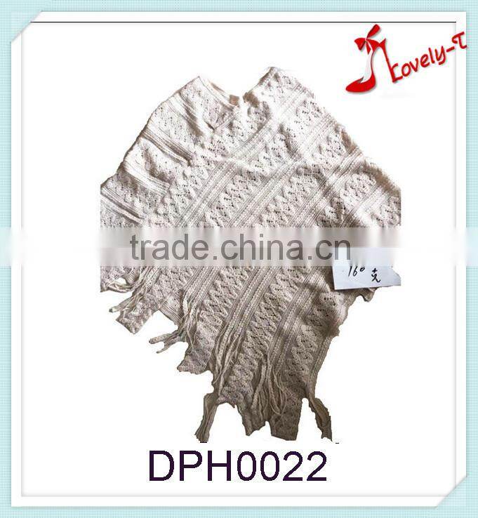 wholesale women hand knitted thin light fashion acrylic poncho shawl with tassels