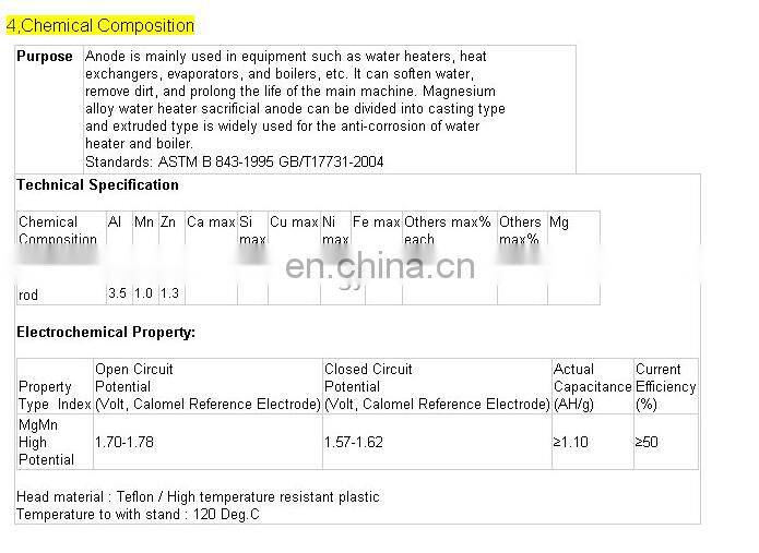 High Potential Sacrificial Magnesium Anode for water heater