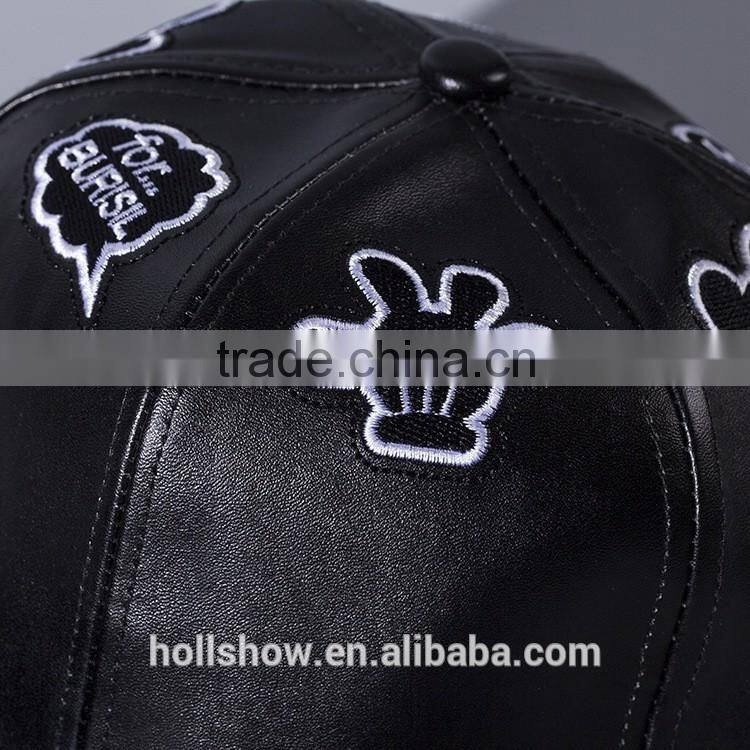 Star Style Cute Hand Embroidery Men Women Hiphop Black Leather Flat Baseball Cap