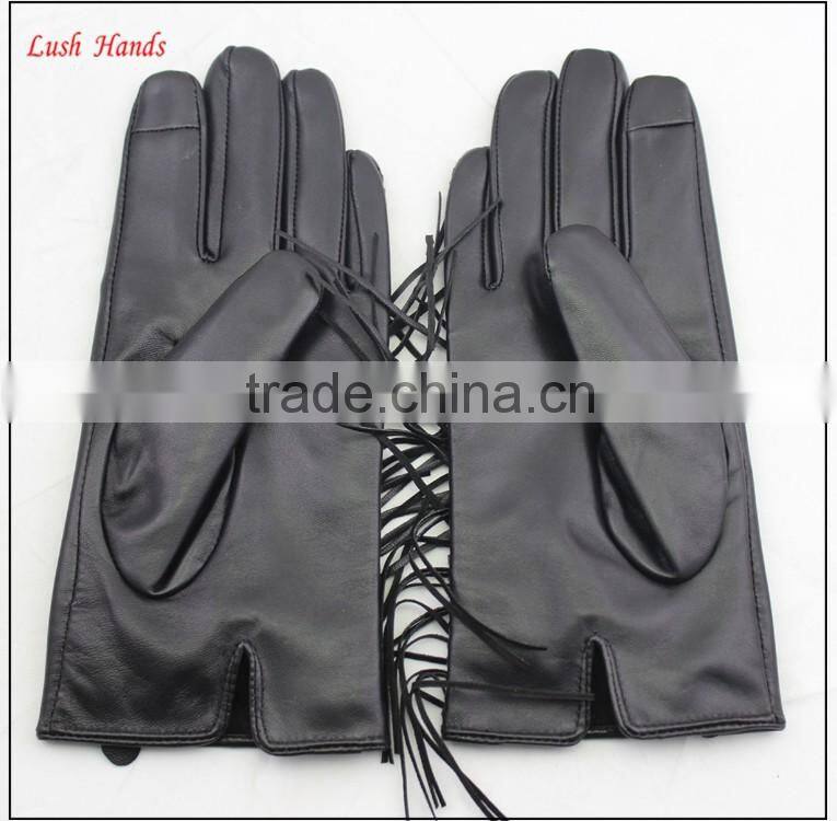 genuine black thin fringed leather gloves with polyester lining