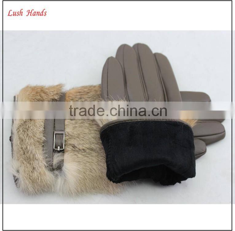 women's grey wholesale sheepskin dresses leather gloves with brown rabbit fur
