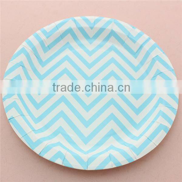 Blue Chevron Disposable Tableware Paper Plate Paper Cup Paper Straw Wooden Cutlery