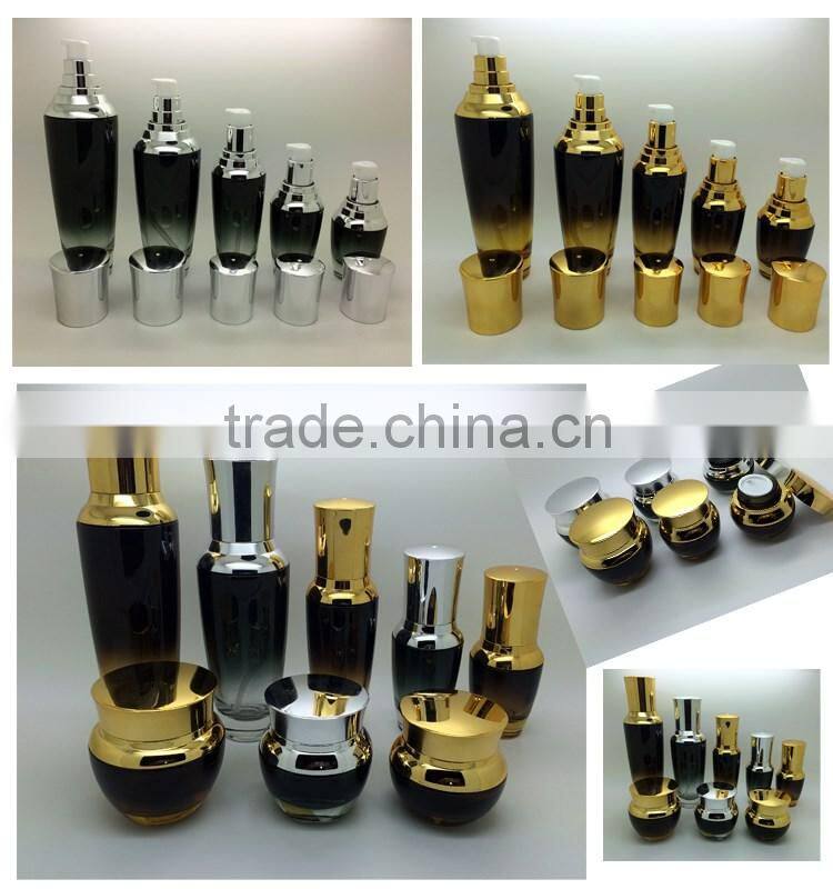 Bule colored glass cosmetic serum bottle and glass cosmetic cream jar with gold pump lid