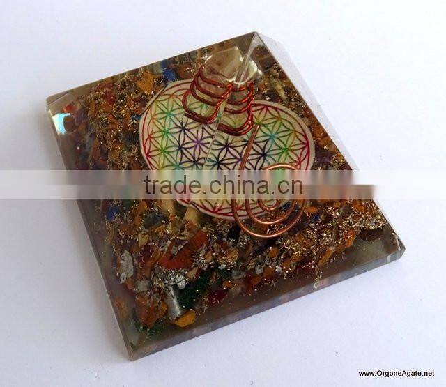 Big Orgone 7 Chakra Stone Pyramid With Flower Of Life Symbol And Crystal Point | Chakra Pyramid