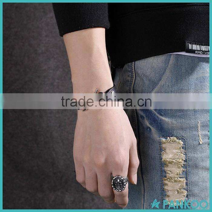 wholesale leather link titanium silver 316l stainless steel skull charm men viking bracelet