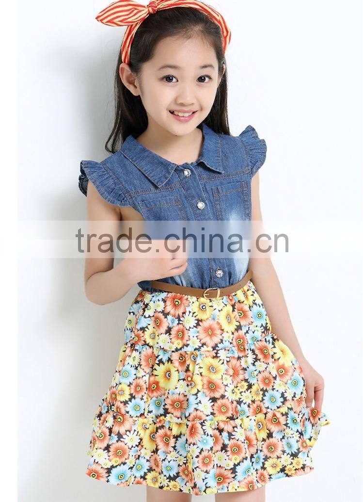 3 colors floral print kids jeans dress