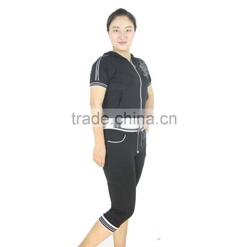 Women short sport jogging suit cotton jersey shiny emb. & print full zipper hooded