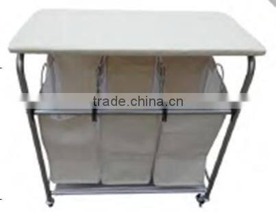 Hotel and home usage triple laundry sorter with ironing board/3 lift-off fableable landry sorter