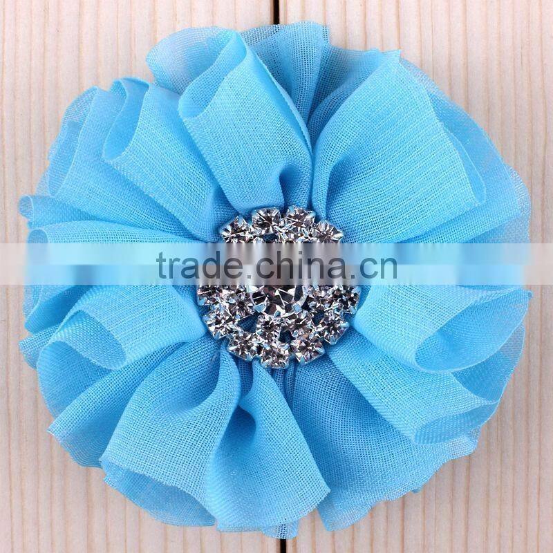 fabric chiffon flower with rhinestone center for kids hair accessories
