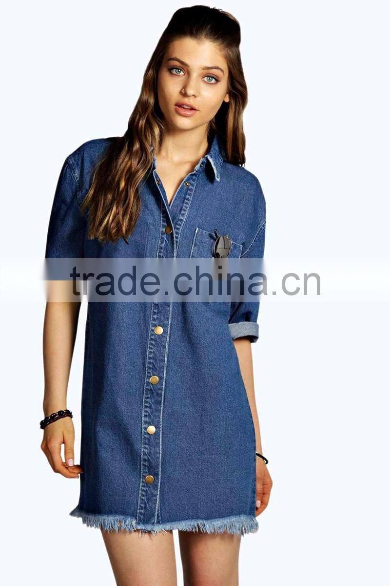 ladies trendy fringe hem denim shirt dress pattern
