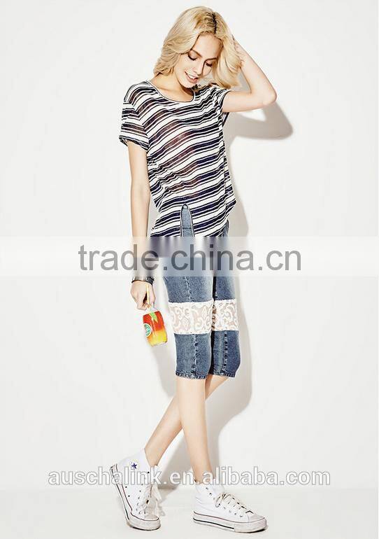 european style popular fashion denim capri lace jeans customized