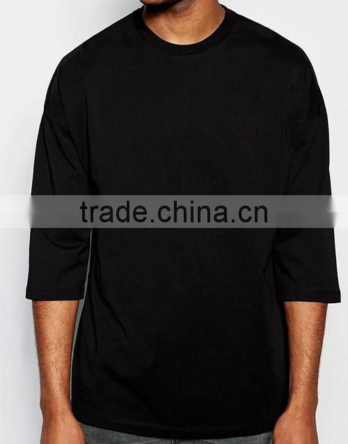 Men oversized 3/4 sleeves dropped shoulders black t-shirt OEM supplier in China