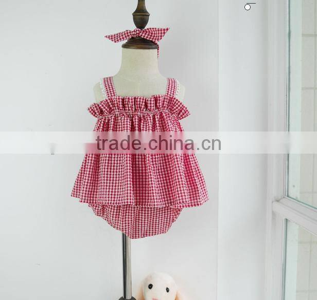 Red Gingham 3 Pieces Cute Girl Clothing Set Summer Kids Outfit Hot Selling
