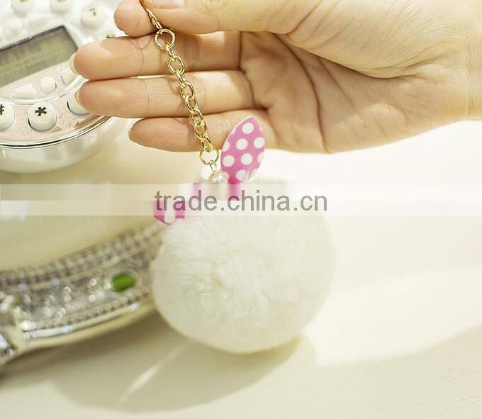 Hot selling New Rabbit Pom Pom Fur Ball Bow Cell Phone Keychain Pendant Charm Key Chain Mirror Case For iPhone