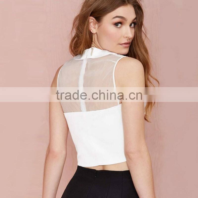 latest designs women summer mesh splicing sleeveless crop top woman clothes 2017