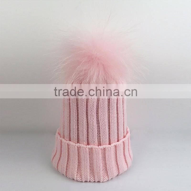 Myfur Baby Pink Removable Real Dyed Raccoon Fur Pom Poms Crochet Hat