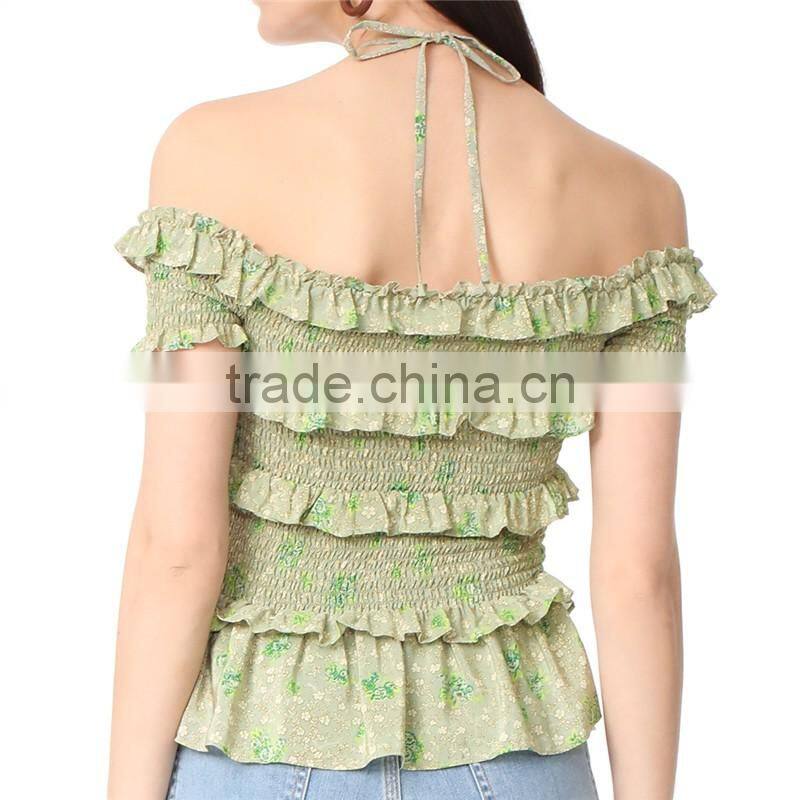 2017 OEM Femme Halter Ties Dainty Floral Elastic Ruffles Frill Blouse