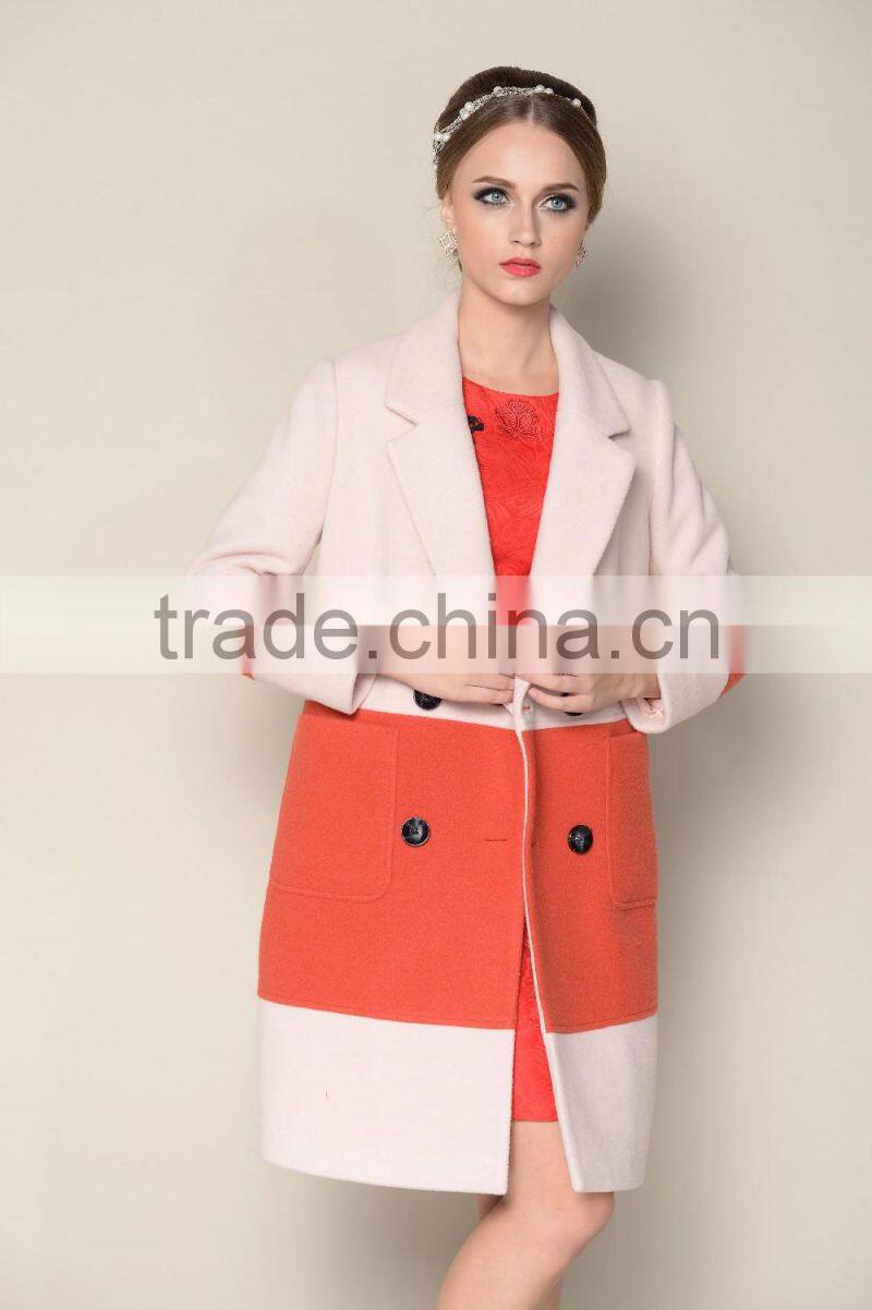 DWL001good selling contrasting color designed double breasted style korea women winter coat
