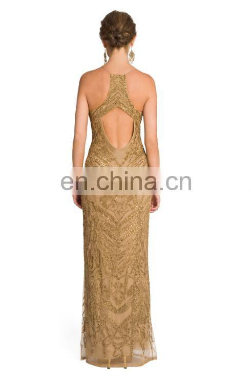 2017 New In Gold Runway Glitter CUT OUT ON BACK STRAP SLEEVELESS FLOOR LENGTH MAXI DRESS