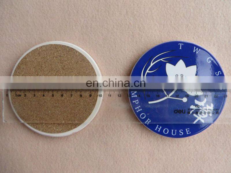 Waterproof porcelain coaster with cork, custom design round ceramic coaster