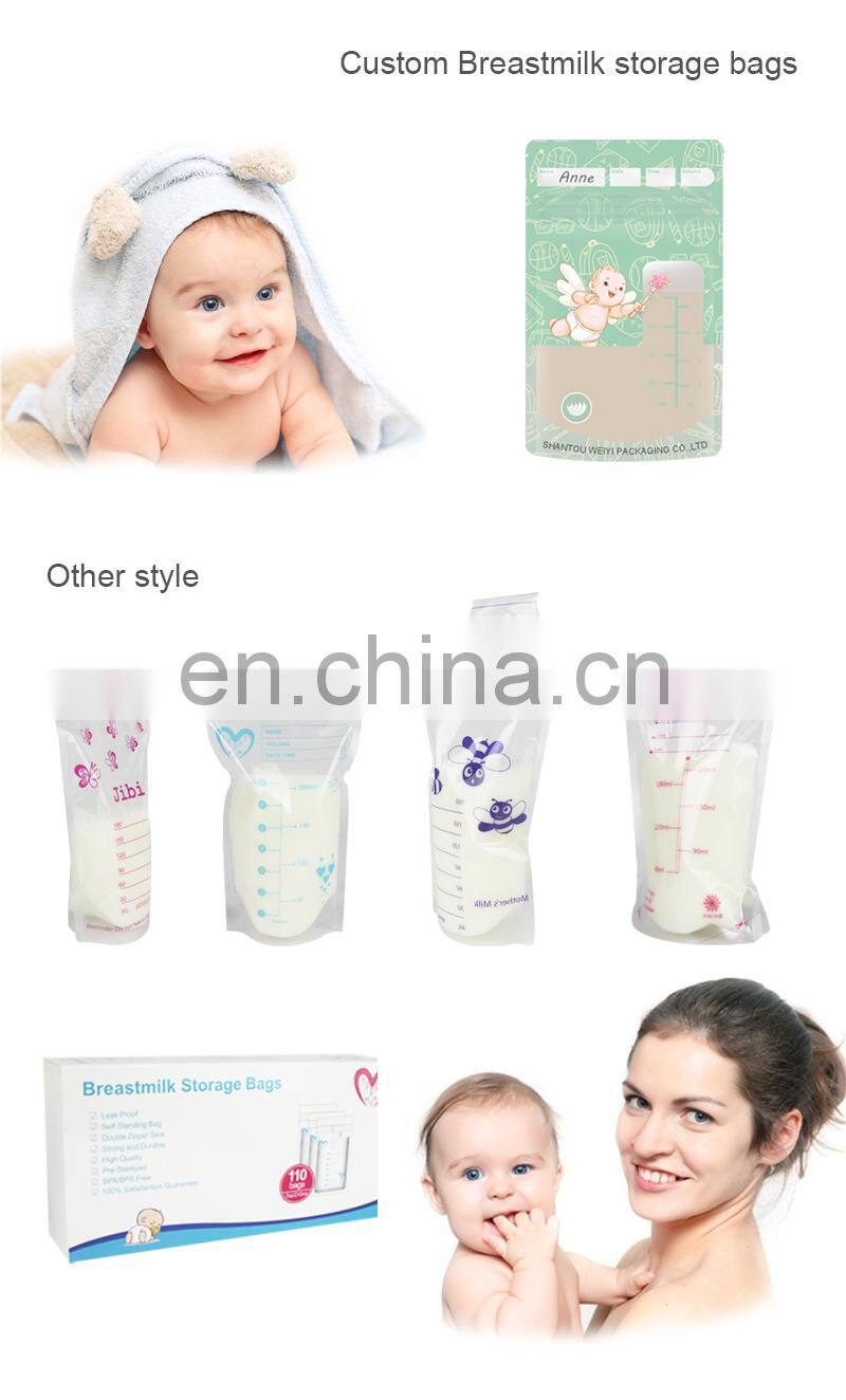 Custom printing Breastmilk Baby Milkbags Breast Milk Storage Bags 100% BPA Free transparent stand up pouch with zipper