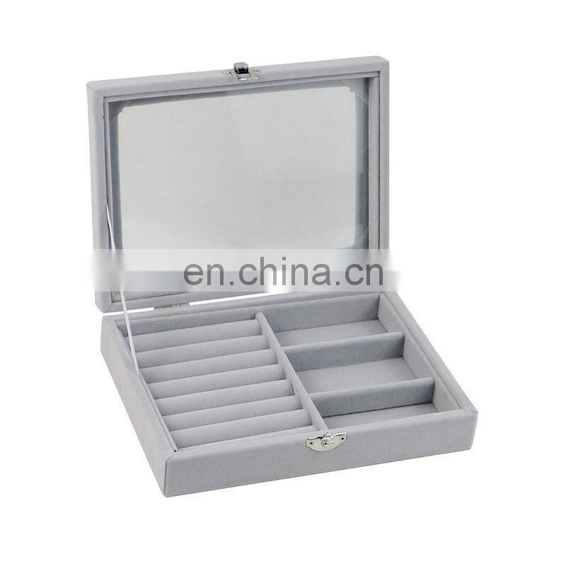 Velvet Glass Ring Earring Jewelry Display Organizer Box Tray Holder Storage Case