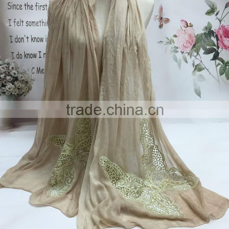 2016 Latest Charm Beautiful Hollow Out Butterfly Embroidery Plain Cotton Linen Scarf