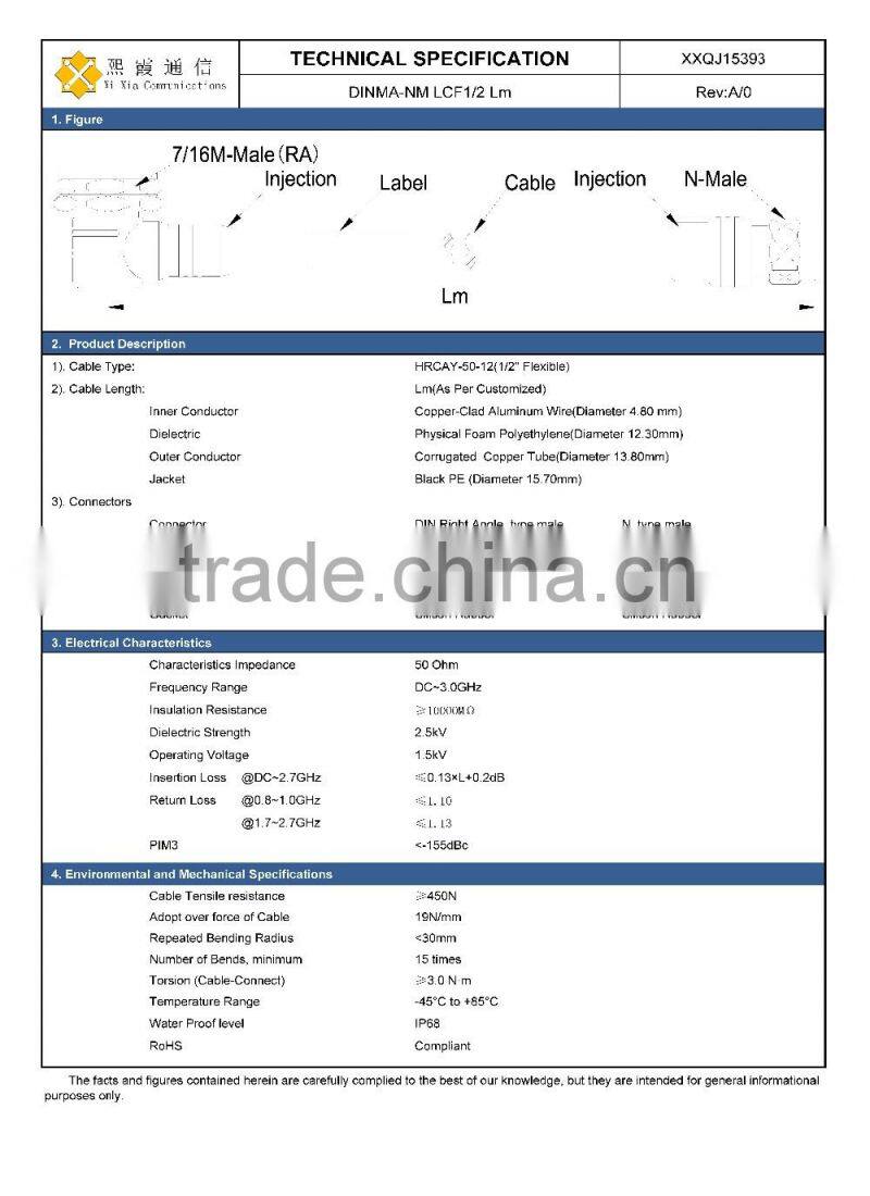 Feeder jumper cable with 7/16 male 90to NM connector 10a 250v