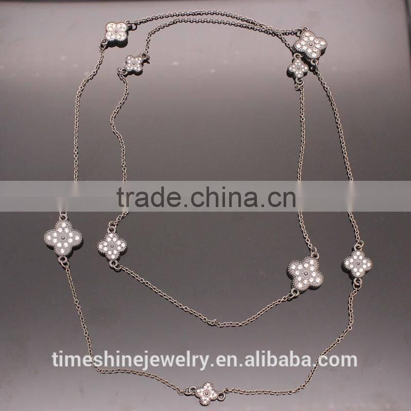 Fancy women fashion coustume jewelry gold crystal rhinestone layered clover necklace