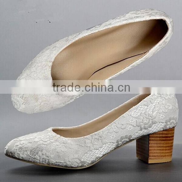 Block Heel white lace cloth Pumps shoes for woman
