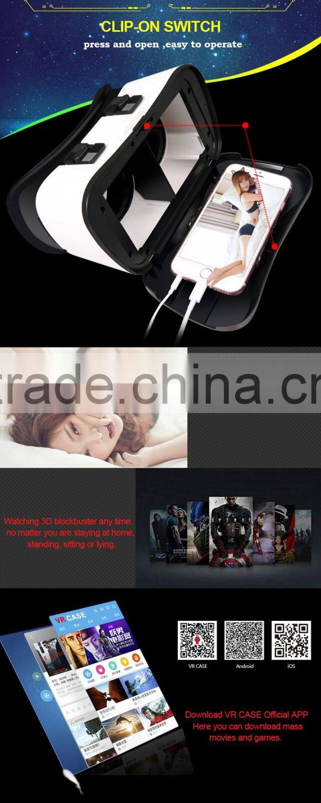 VR Case 5th Virtual Reality 3D Glasses Bluetooth 3.0 Remote Controller VR Box For iOS Android 3.5-6 inches