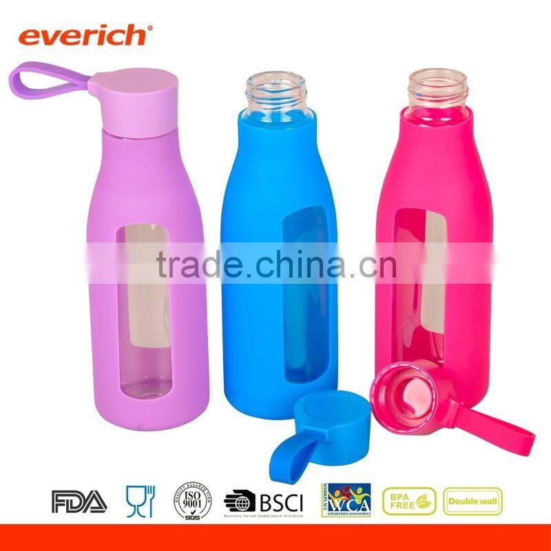 Everich customized 600ml borosilicate glass water bottle with twist lid silicone