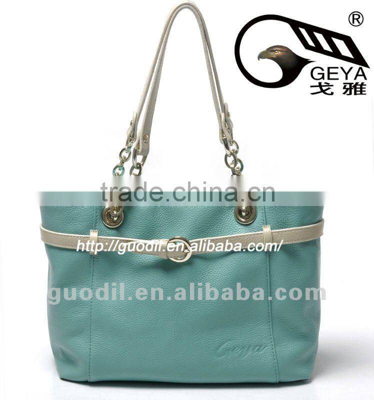 Summer best selling Contrast color block belt tote bags fashion ladies genuine leather handbags 2012