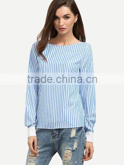 Blouses latest fashion design women clothing Blue Striped Tie Back Backless Long Sleeve Blouse