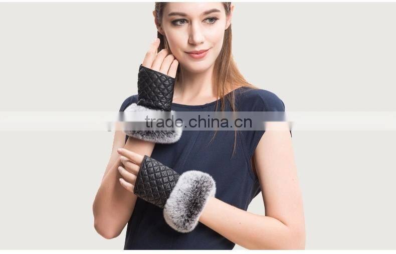 Fingerless Gloves Sheepskin gloves mittens With Rex Rabbit Fur Trim For Winter Lady