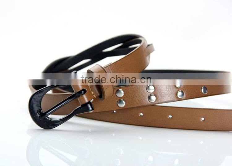Women's Fahsion Brown Narrow Leather Belt with Studs