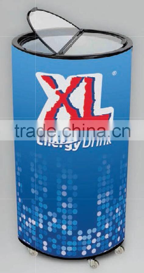 40/65/77/85 Litre Outdoor Promotional Top Open Glass Door Commercial Round Can Shape Cooler Fridge with wheels