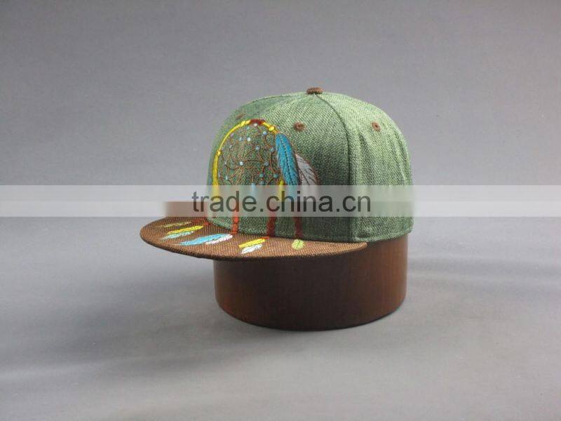 Customer high quality 6- panel Linen snapback hat with flat Embroidered Patch