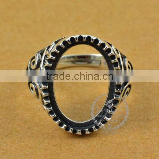 13*17.8mm 925 sterling silver antiqued silver vintage style oval saw tooth bezel ring base blank supplies DIY findings 1223073