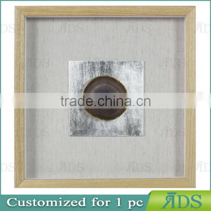 Sliver Shadow Boxes for Wholesale With Mottled Silver Background Encasing Colorful Agate Under Glass